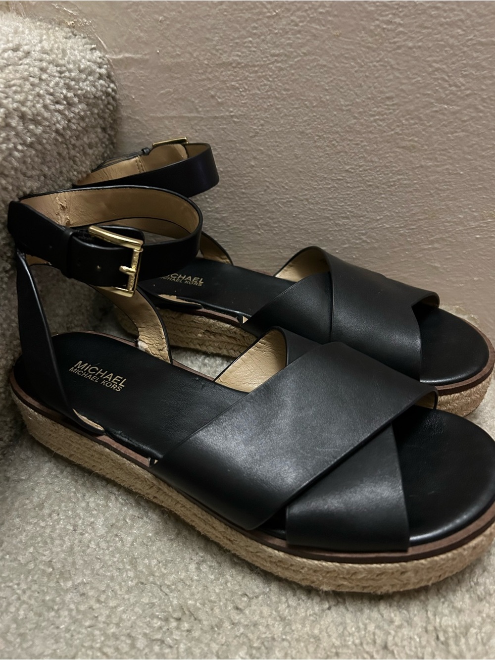MICHAEL Michael Kors Black Leather Espadrille Platform Sandals